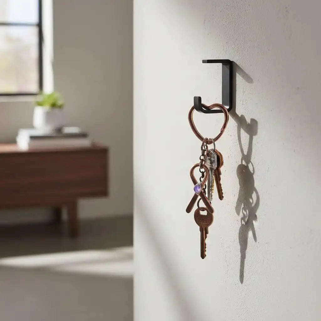 Handmade Caregiver Crystal Copper Ribbon Heart Key Chain hanging on a hook with keys.
