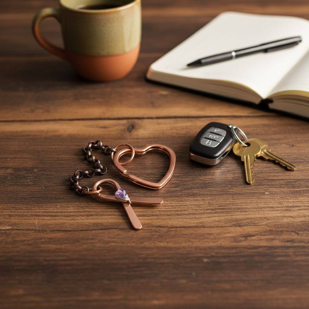 Handmade Caregiver Lavender Crystal Copper Ribbon Heart Key Chain