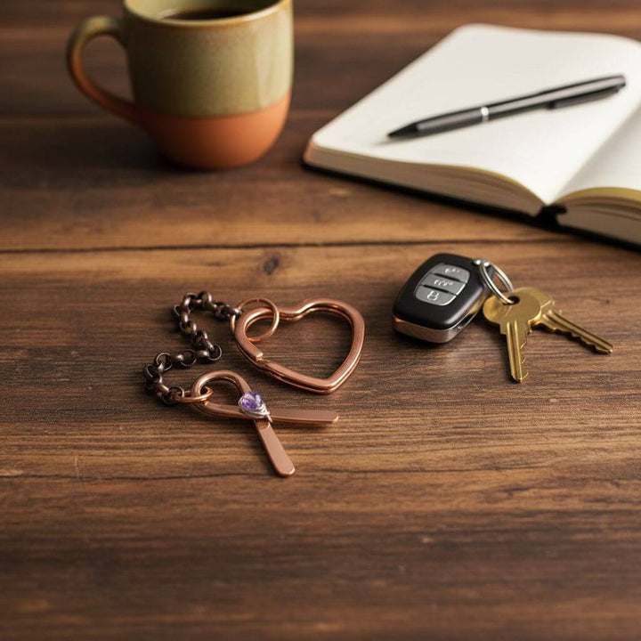 Handmade Caregiver Lavender Crystal Copper Ribbon Heart Key Chain