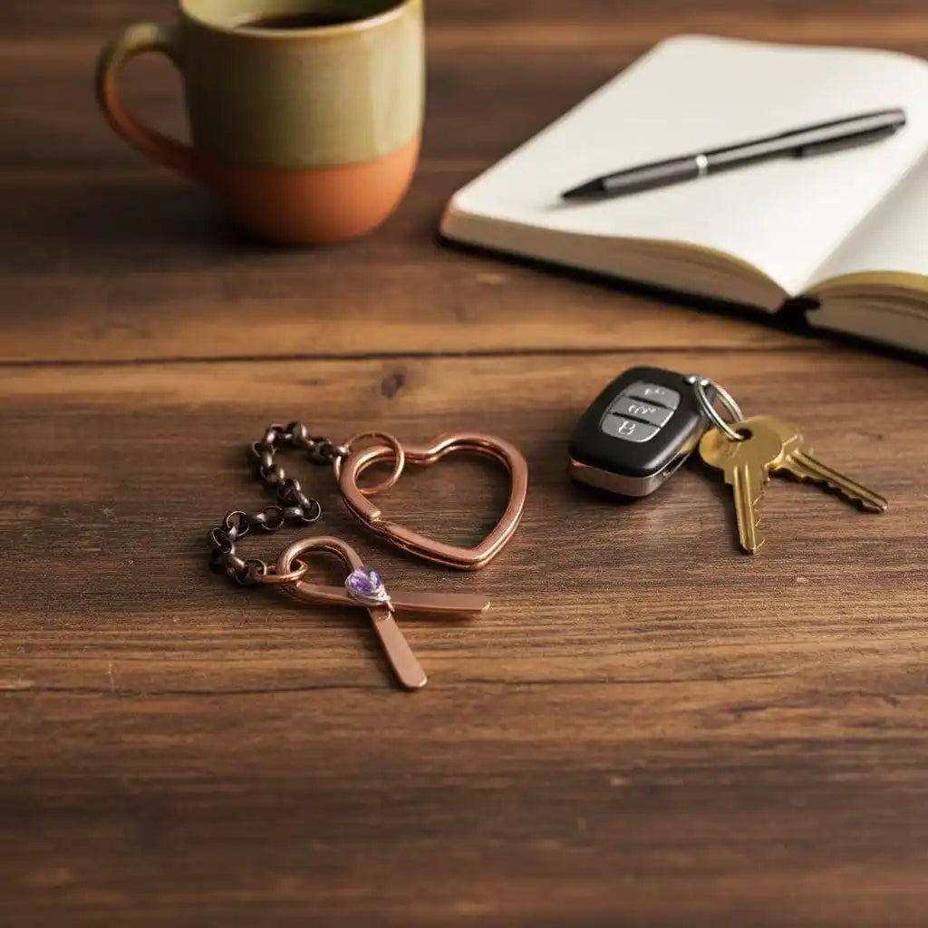 Handmade Caregiver Crystal Copper Ribbon Heart Key Chain on a wooden table with a coffee mug and notebook.