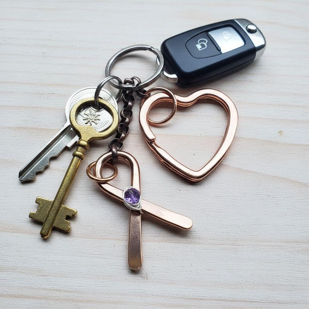 Keychain with heart-shaped keyring, keys, and a car key fob on a light wooden surface