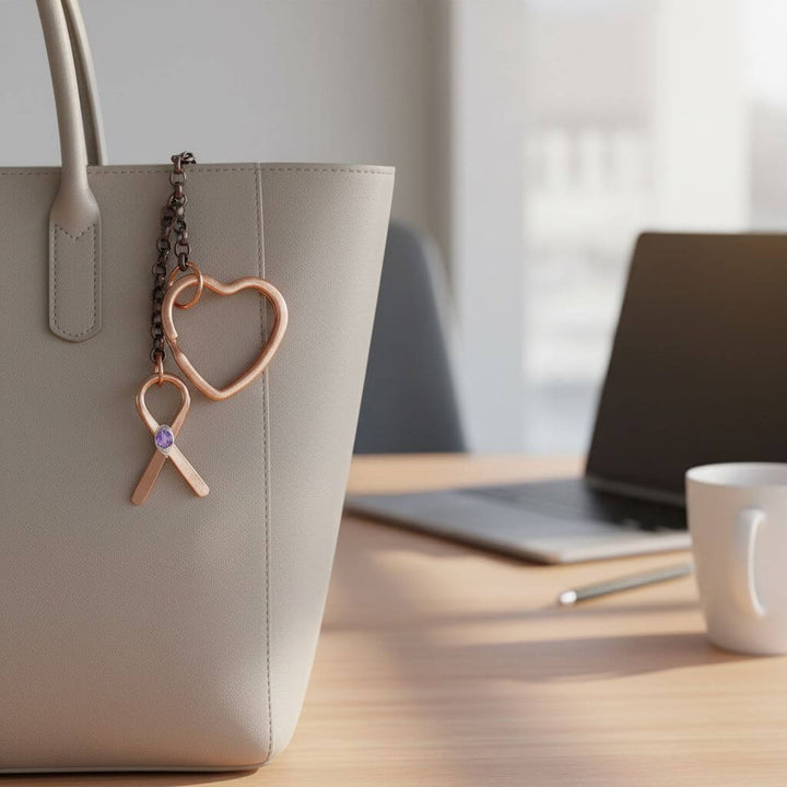 Handbag with heart-shaped keychain featuring a purple ribbon on a desk with a laptop and mug.