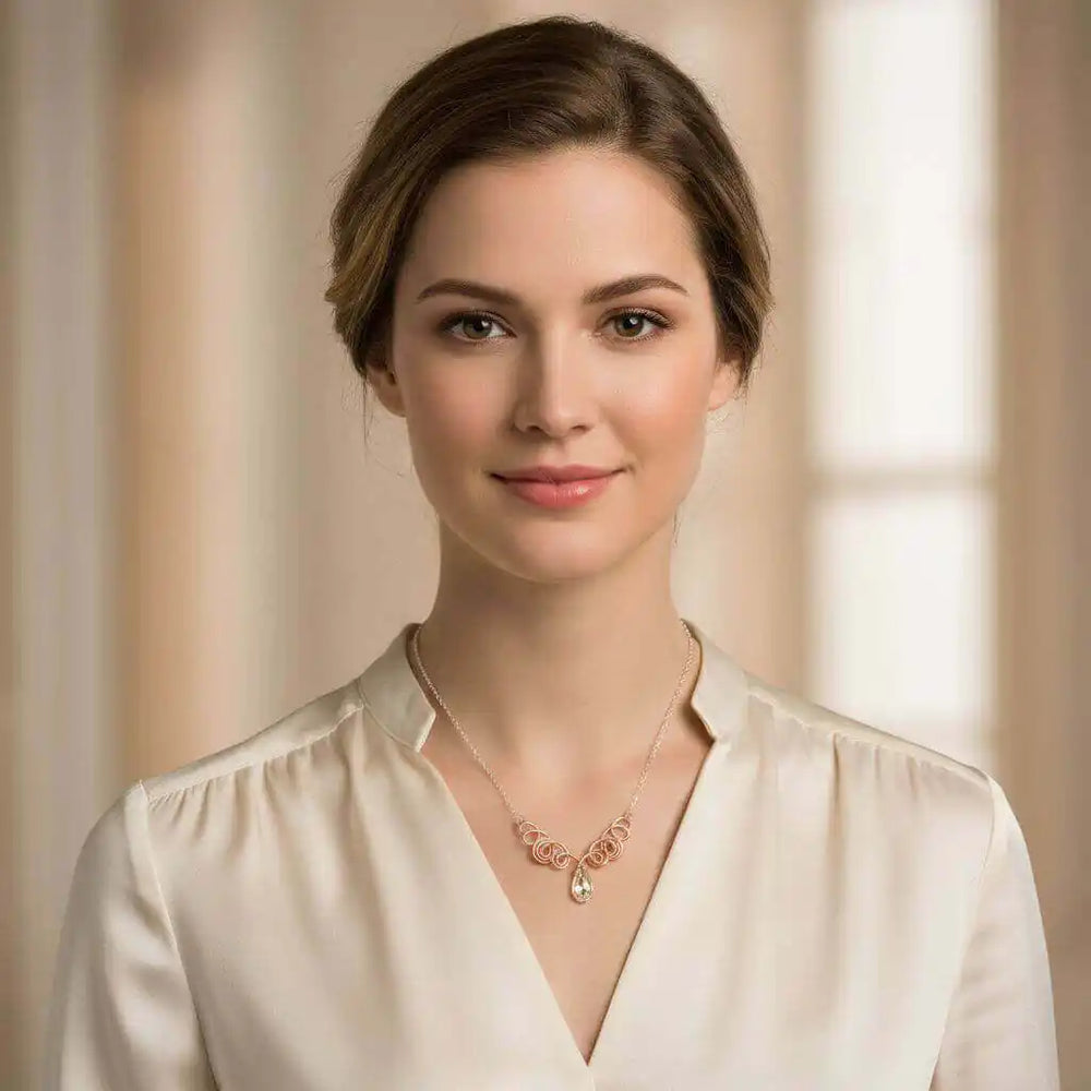Model wearing Handmade Sculpted Copper Silver Angel in Flight Necklace with elegant blouse, showcasing its beauty.