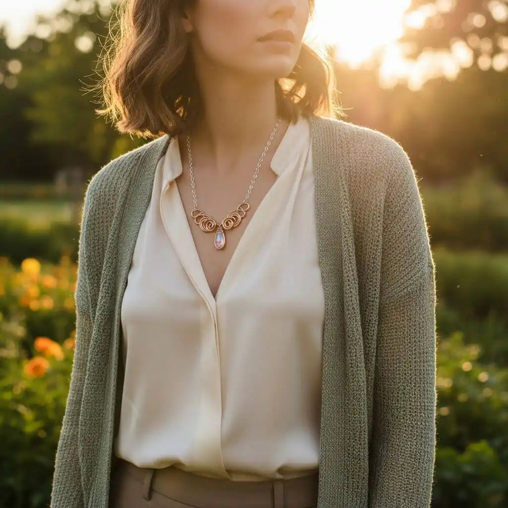 Handmade Sculpted Copper Silver Angel in Flight Necklace worn by a model in a garden during sunset.