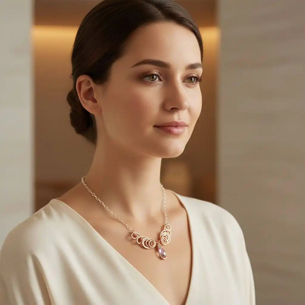 Handmade Sculpted Copper Silver Angel in Flight Necklace worn by a model, showcasing its elegant design and artistry.