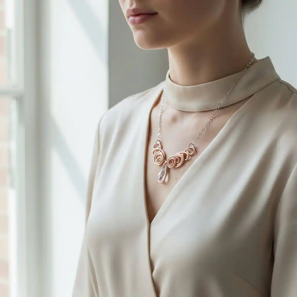 Model wearing a Handmade Sculpted Copper Silver Angel in Flight Necklace, showcasing its beautiful design.