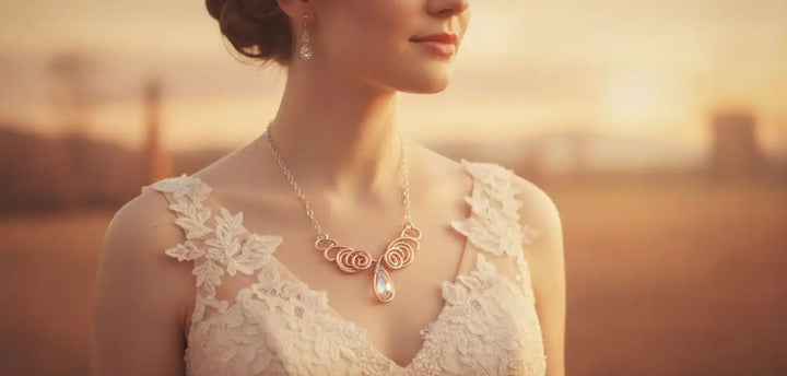 Handmade Sculpted Copper Silver Angel in Flight Necklace worn by a model at sunset, showcasing its elegant design.