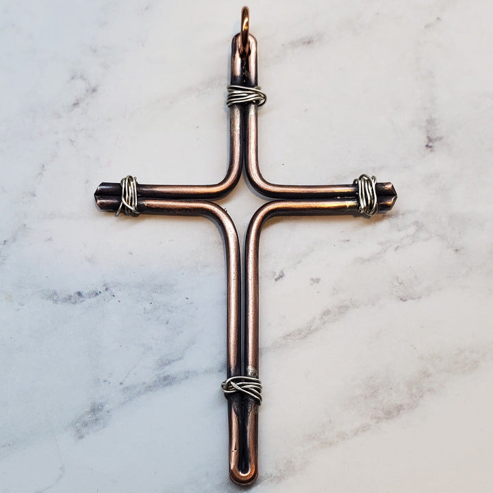 Handmade Copper and Silver Wire Cross Necklace for men