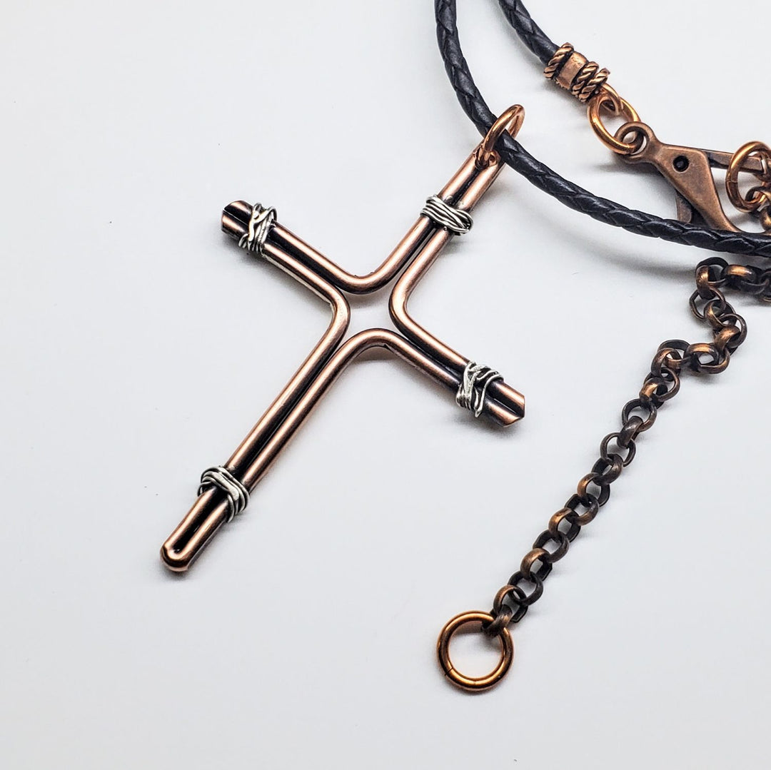 Handmade Large Copper and Silver Wire Cross Necklace for Men