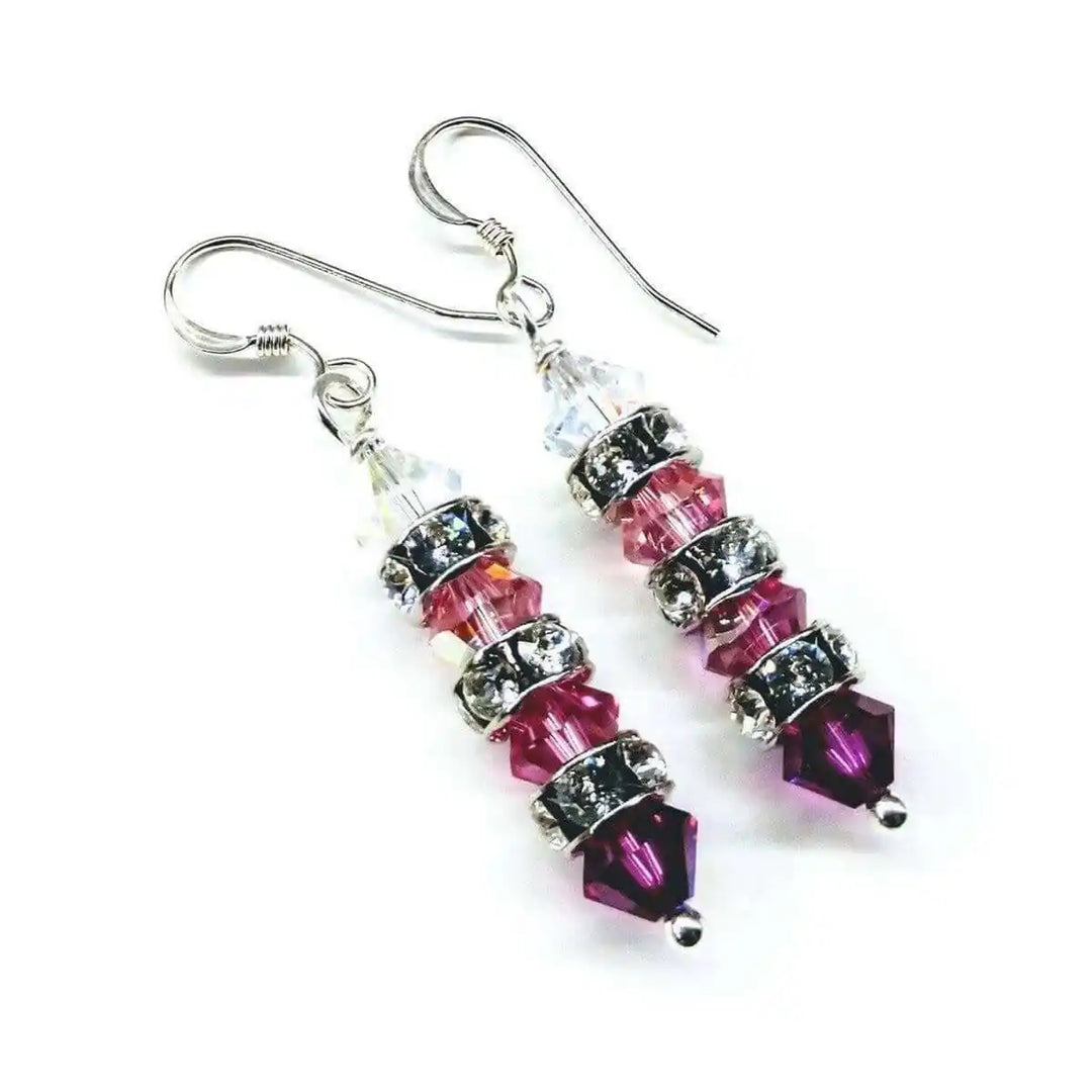 Hot Pink Ombre Stacked Crystal Sterling Silver Earrings featuring sparkling Swarovski crystals in a stunning gradient.