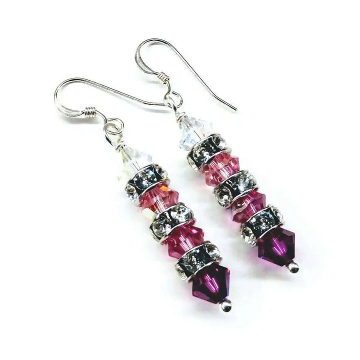 Hot Pink Ombre Stacked Crystal Sterling Silver Earrings featuring sparkling Swarovski crystals in a stunning gradient.