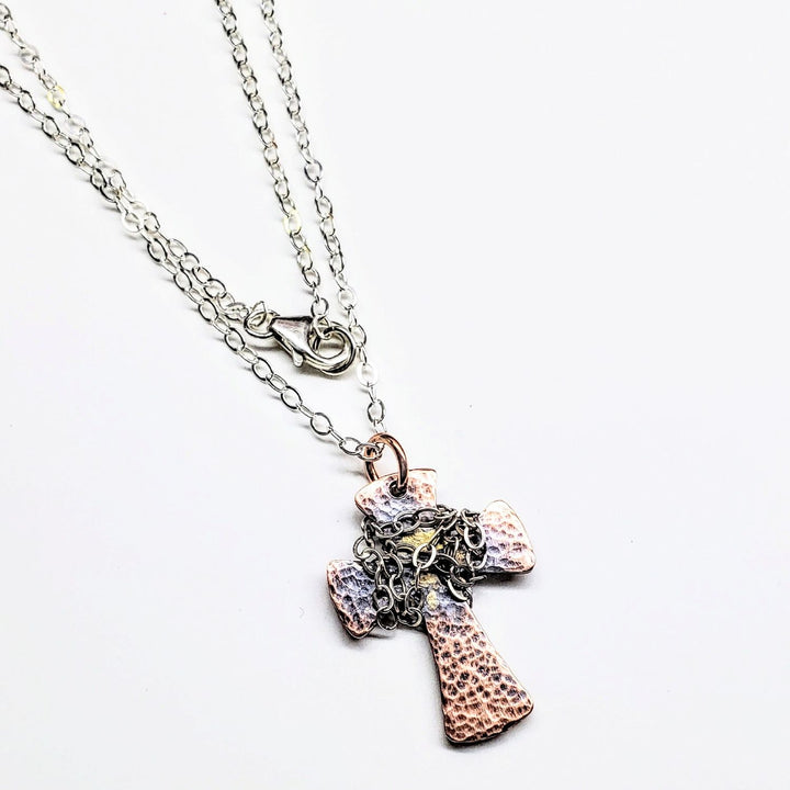 Chained Hammered Copper Cross Necklace For Him Or Her