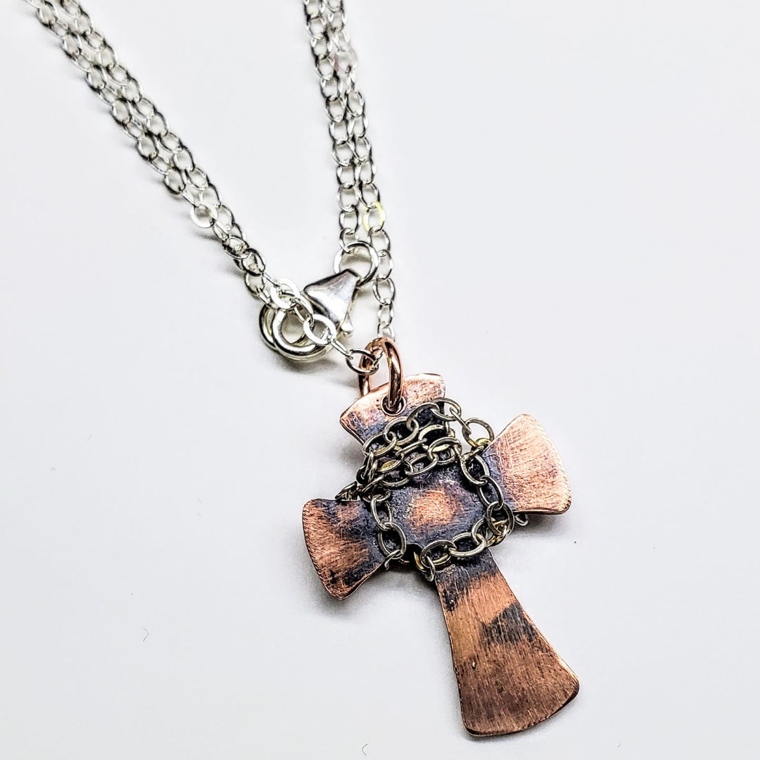 Chained Hammered Copper Cross Necklace For Him Or Her