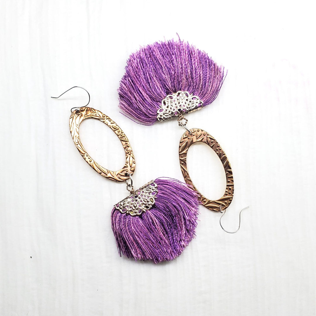 Copper Embossed Rose Gold Filled  Filigree Silk Fan Tassel Earrings