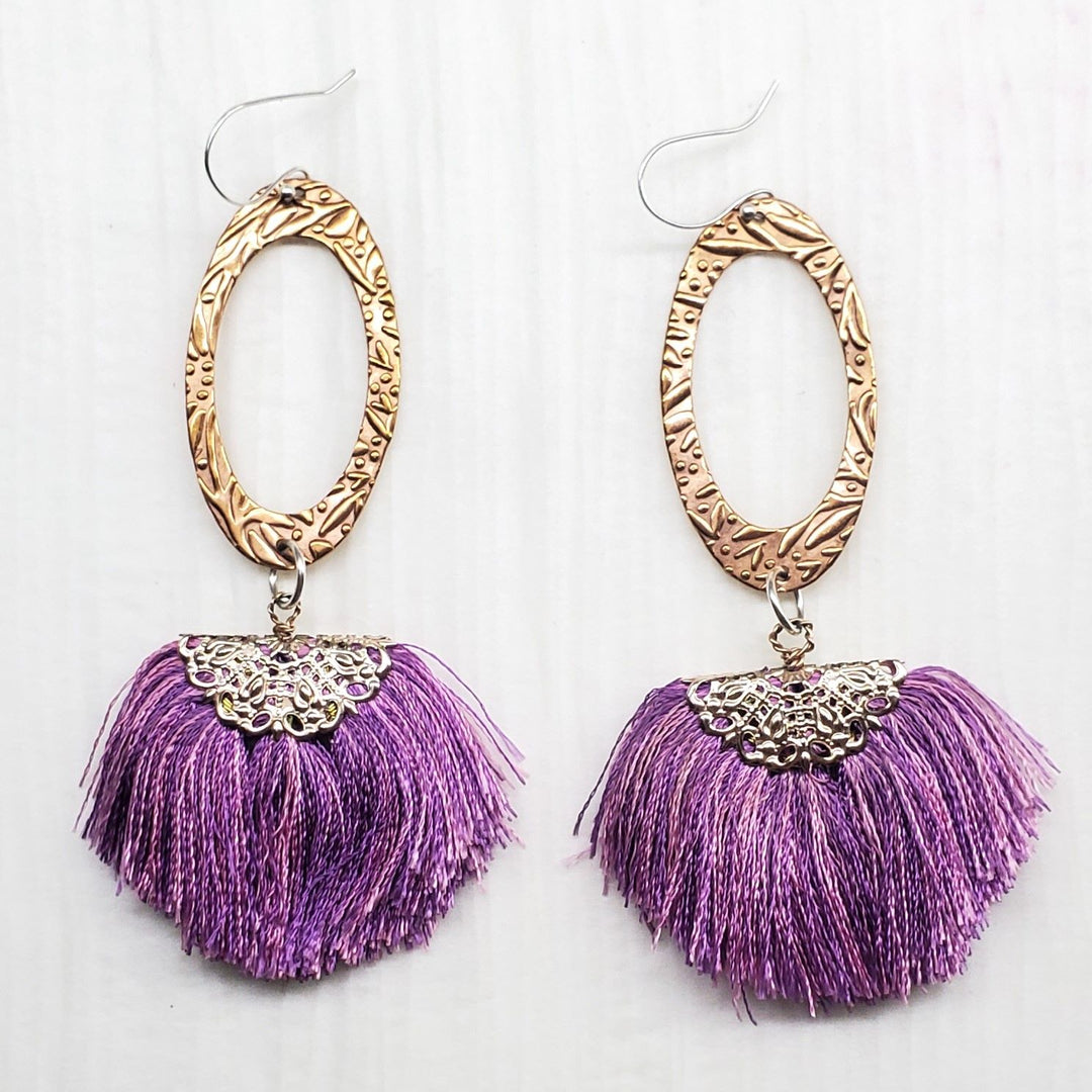 Copper Embossed Rose Gold Filled  Filigree Silk Fan Tassel Earrings