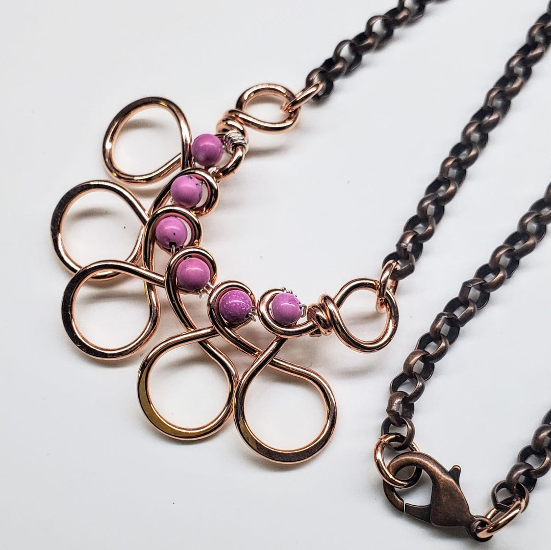 Copper Wire Wrapped Sculpted Pink Gemstone Necklace