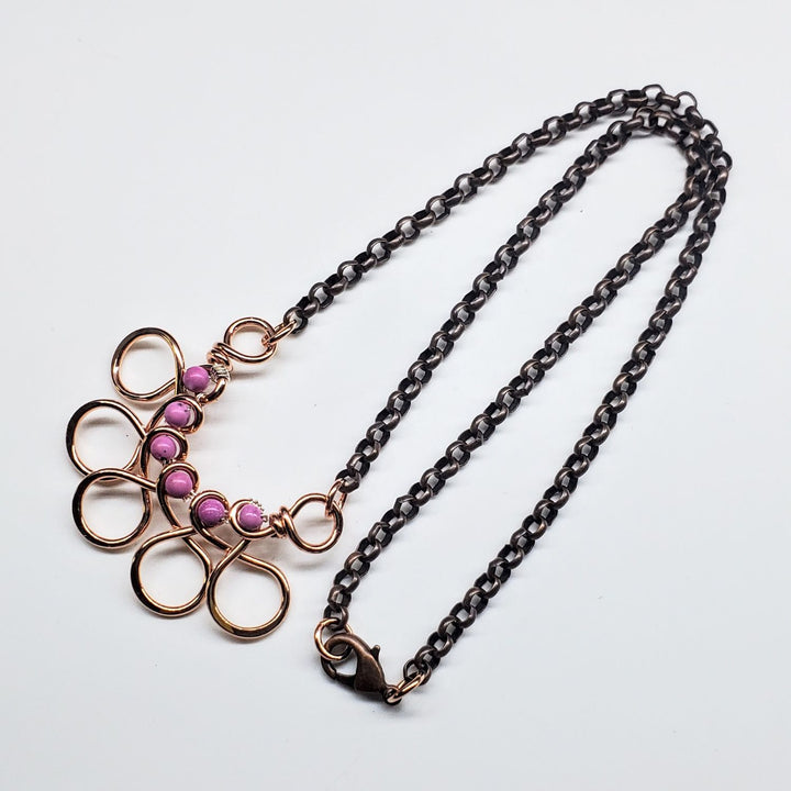 Copper Wire Wrapped Sculpted Pink Gemstone Necklace