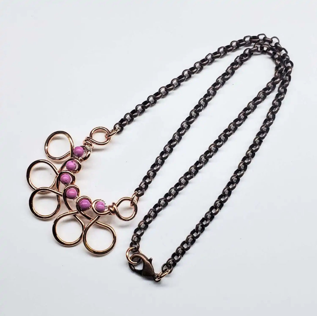 Copper Wire Wrapped Sculpted Pink Gemstone Necklace