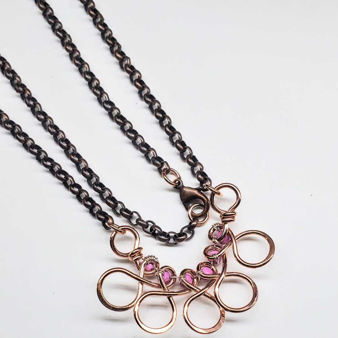 Copper Wire Wrapped Sculpted Pink Gemstone Necklace