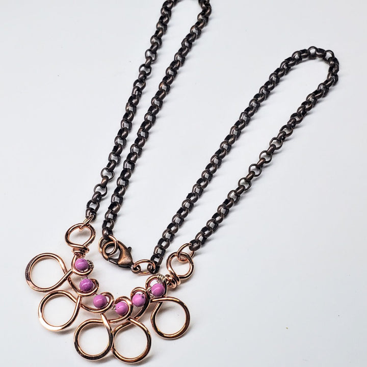 Copper Wire Wrapped Sculpted Pink Gemstone Necklace