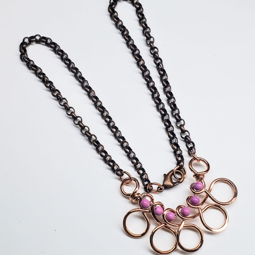 Copper Wire Wrapped Sculpted Pink Gemstone Necklace