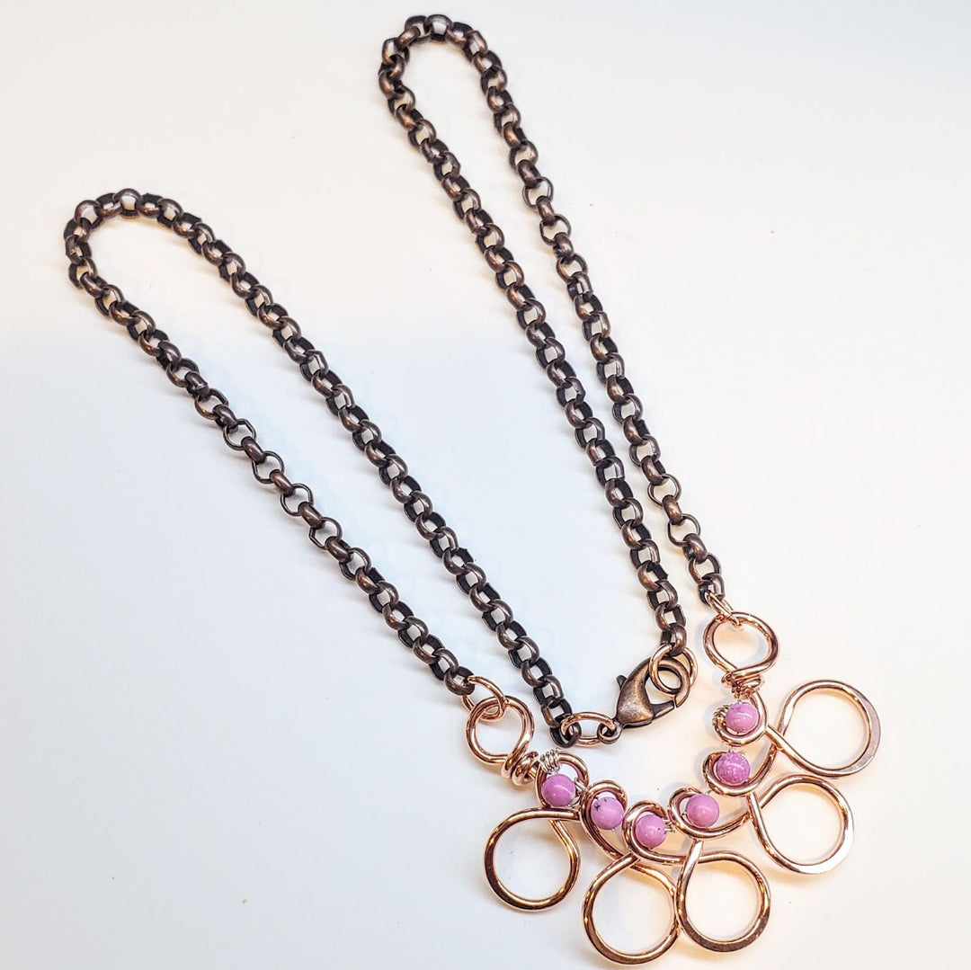 Copper Wire Wrapped Sculpted Pink Gemstone Necklace