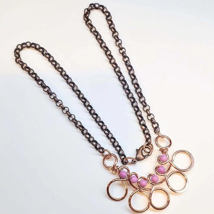 Copper Wire Wrapped Sculpted Pink Gemstone Necklace