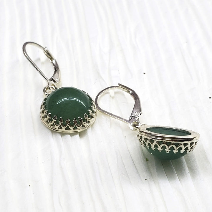 12mm Green Aventurine Round 925 Silver Filigree Dangle Earrings