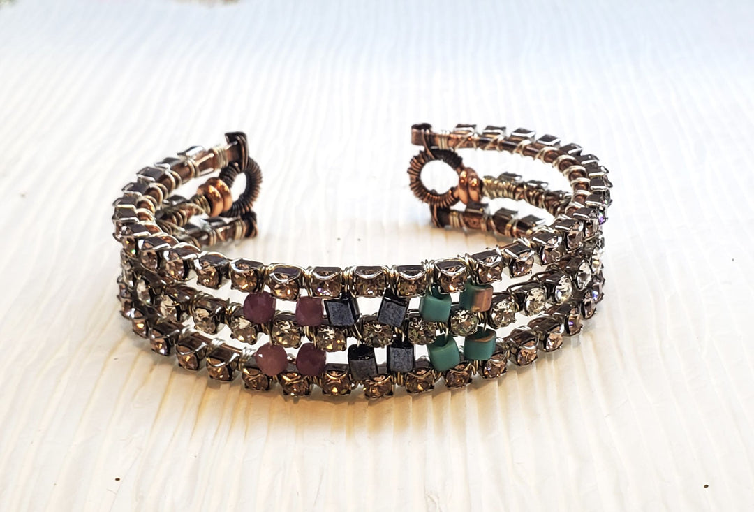 Large Wire Wrapped Triple Glam Crystal Gemstone Cuff