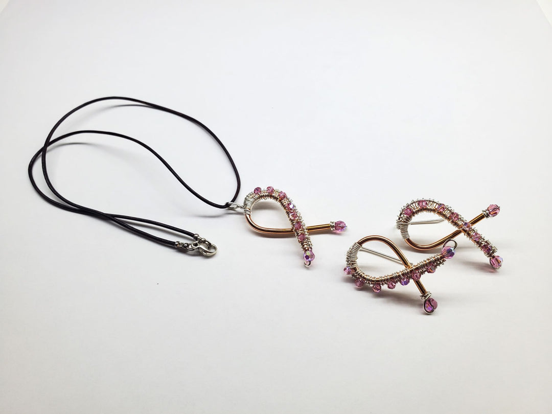 AMD1280-AMD1280-2-AMD1280-3 Ergonomic Breast Cancer Awareness Copper Tube Crystal Earrings and Necklace Set - Earrings - Alexa Martha Designs   8742807109936