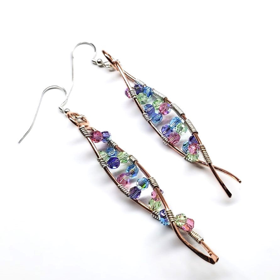 DNA Strand Double Helix Long Crystal Earrings