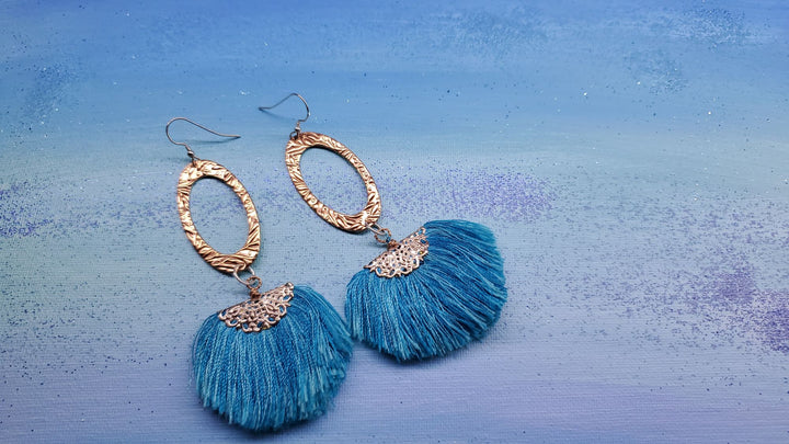 Long Copper Embossed Aqua Brushed Silk Fan Tassel Earrings - Earrings - Alexa Martha Designs   