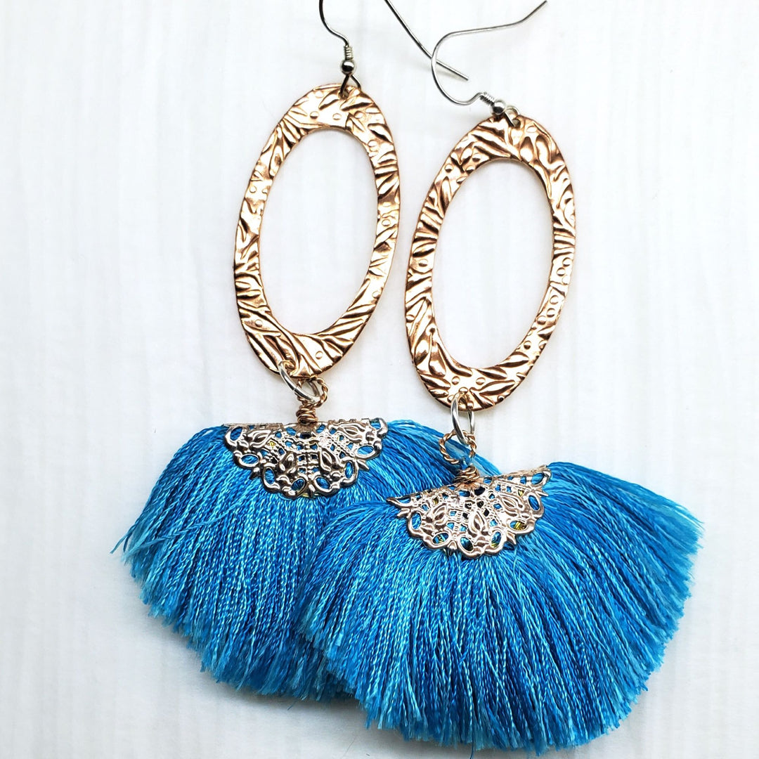 Long Copper Embossed Aqua Brushed Silk Fan Tassel Earrings - Earrings - Alexa Martha Designs   