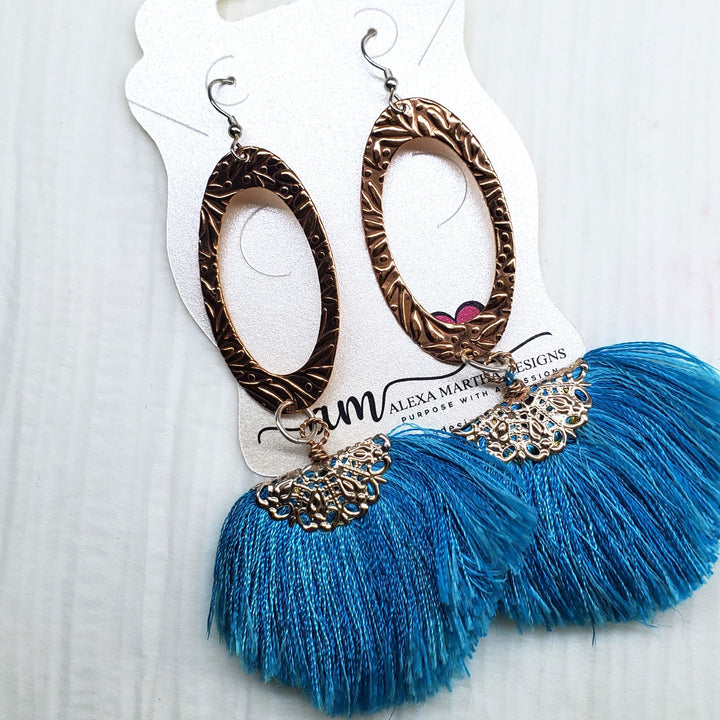 Long Copper Embossed Aqua Brushed Silk Fan Tassel Earrings - Earrings - Alexa Martha Designs   