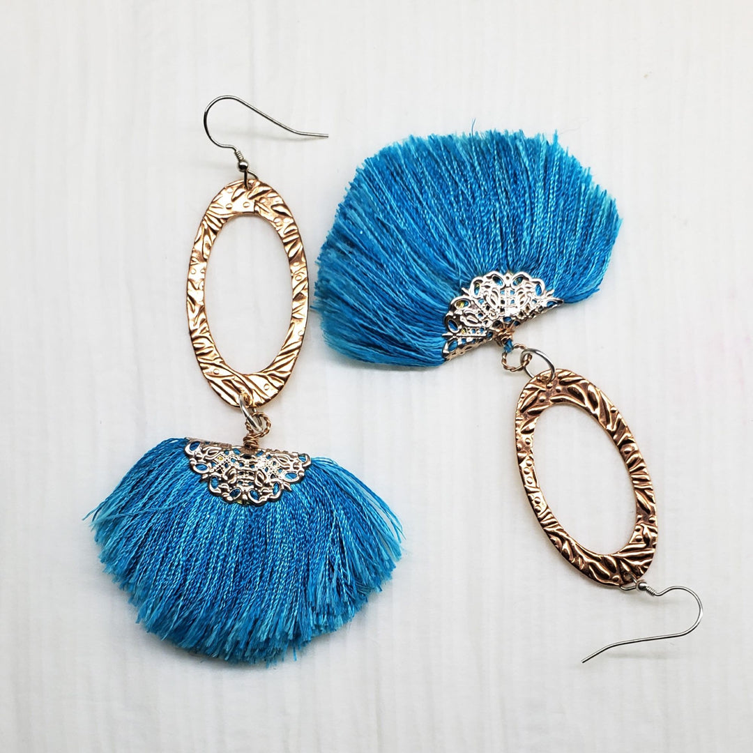Long Copper Embossed Aqua Brushed Silk Fan Tassel Earrings - Earrings - Alexa Martha Designs   