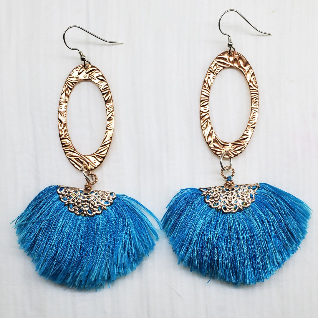 Long Copper Embossed Aqua Brushed Silk Fan Tassel Earrings - Earrings - Alexa Martha Designs   
