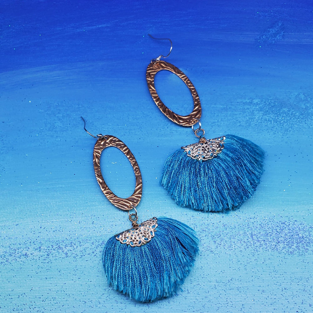 Long Copper Embossed Aqua Brushed Silk Fan Tassel Earrings - Earrings - Alexa Martha Designs   