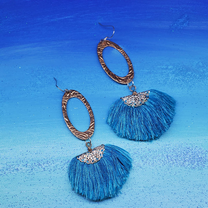 Long Copper Embossed Aqua Brushed Silk Fan Tassel Earrings - Earrings - Alexa Martha Designs   