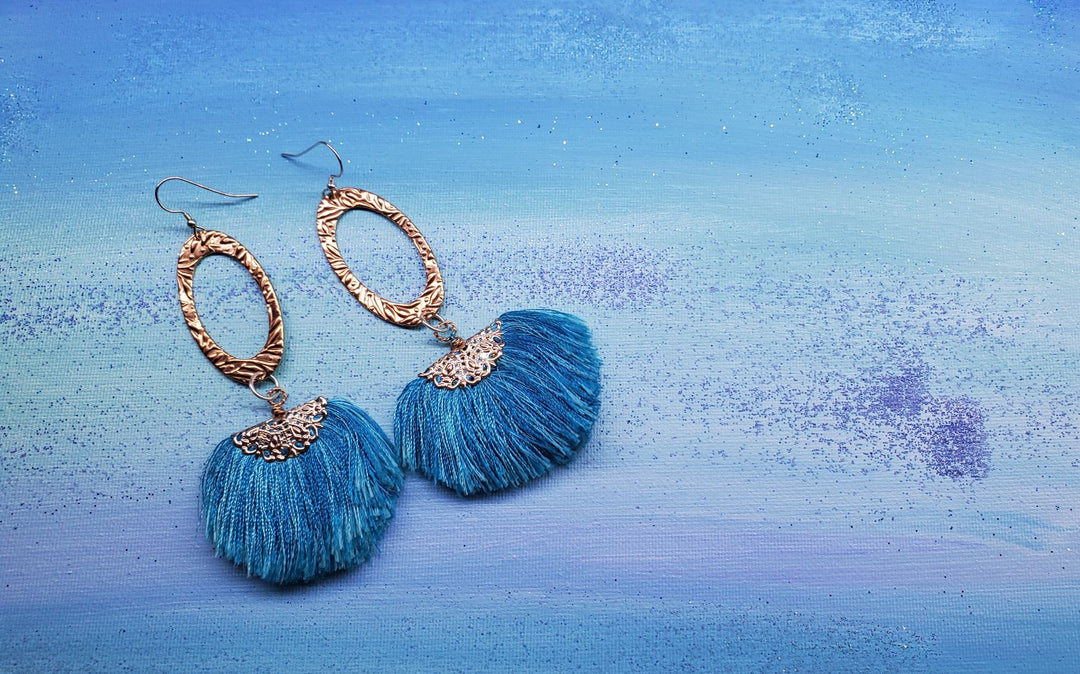Long Copper Embossed Aqua Brushed Silk Fan Tassel Earrings - Earrings - Alexa Martha Designs   