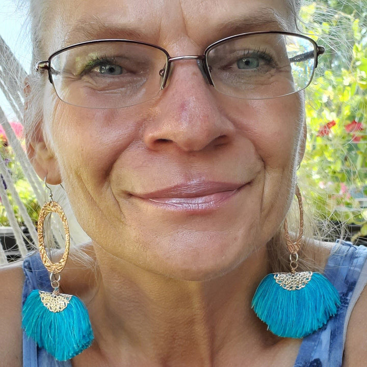 Long Copper Embossed Aqua Brushed Silk Fan Tassel Earrings - Earrings - Alexa Martha Designs   