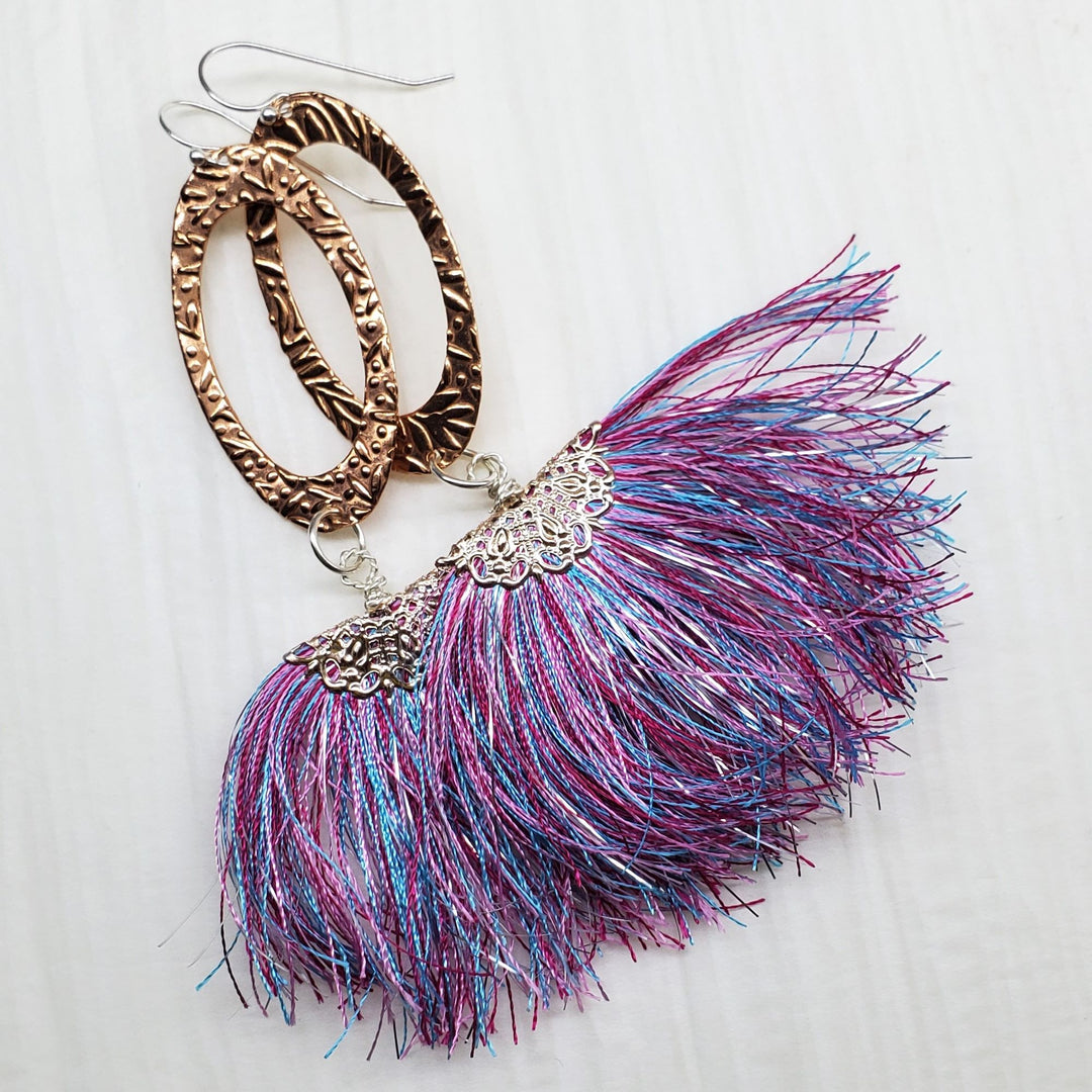 Super Long Copper Embossed Sparkly Silk Fan Tassel Earrings