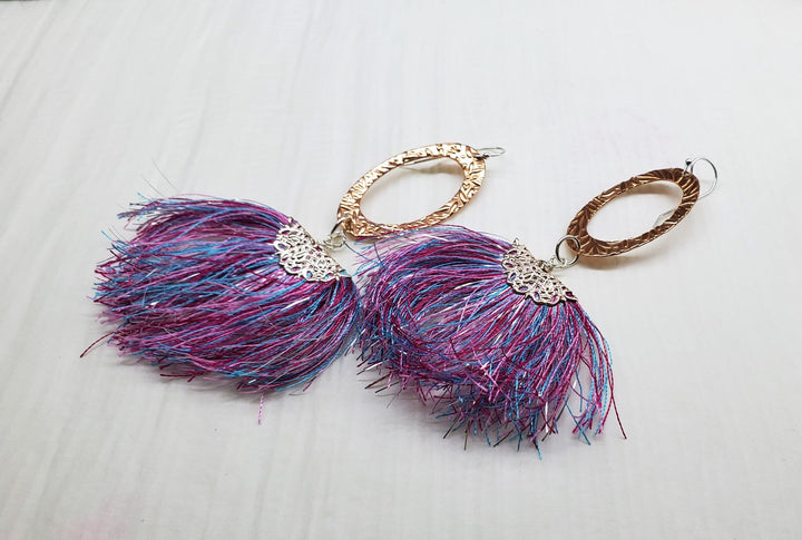 Copper Embossed Sparkly Silk Fan Tassel Earrings