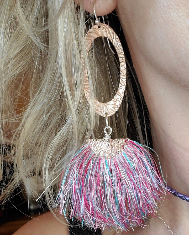 Copper Embossed Sparkly Silk Fan Tassel Earrings