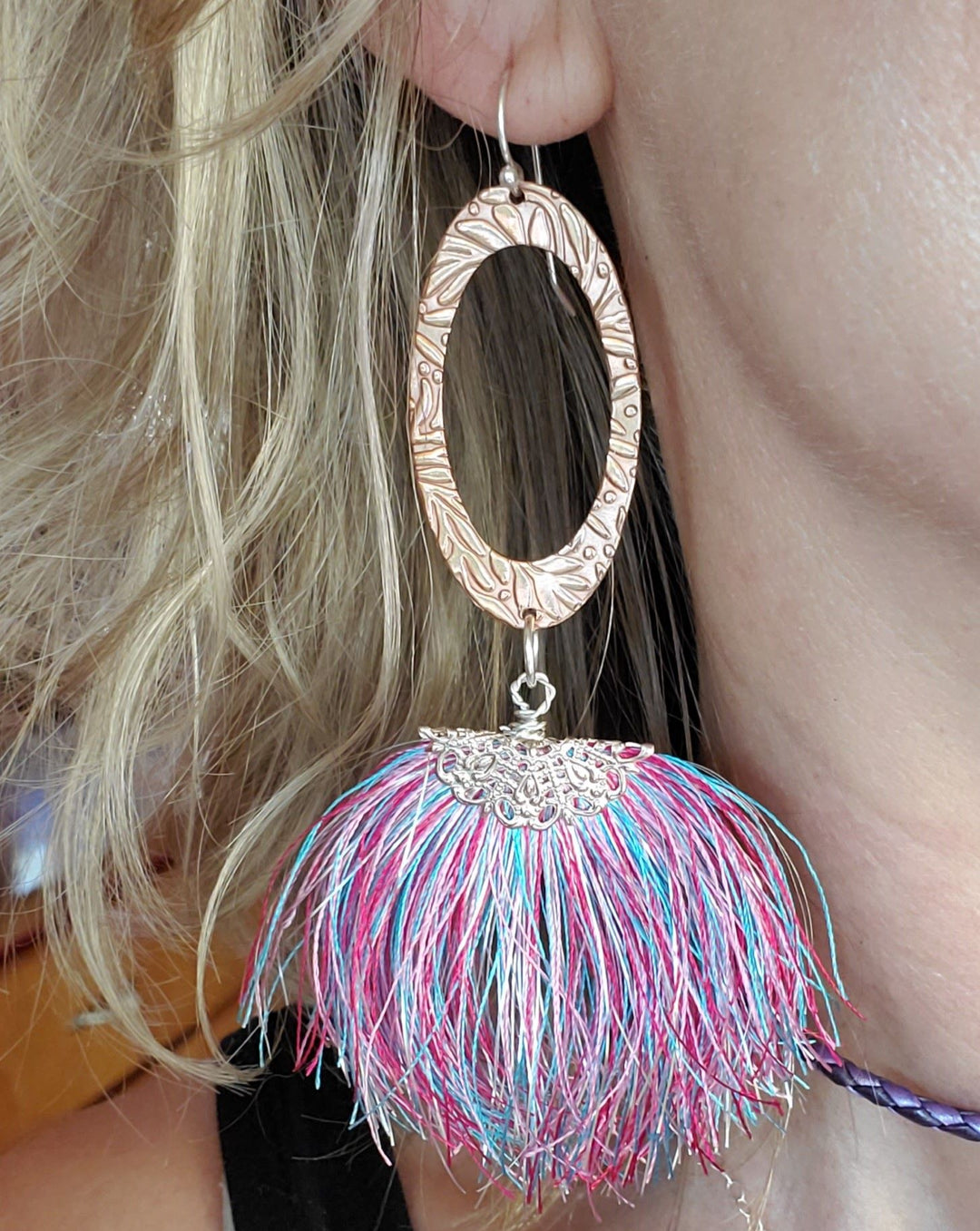 Super Long Copper Embossed Sparkly Silk Fan Tassel Earrings