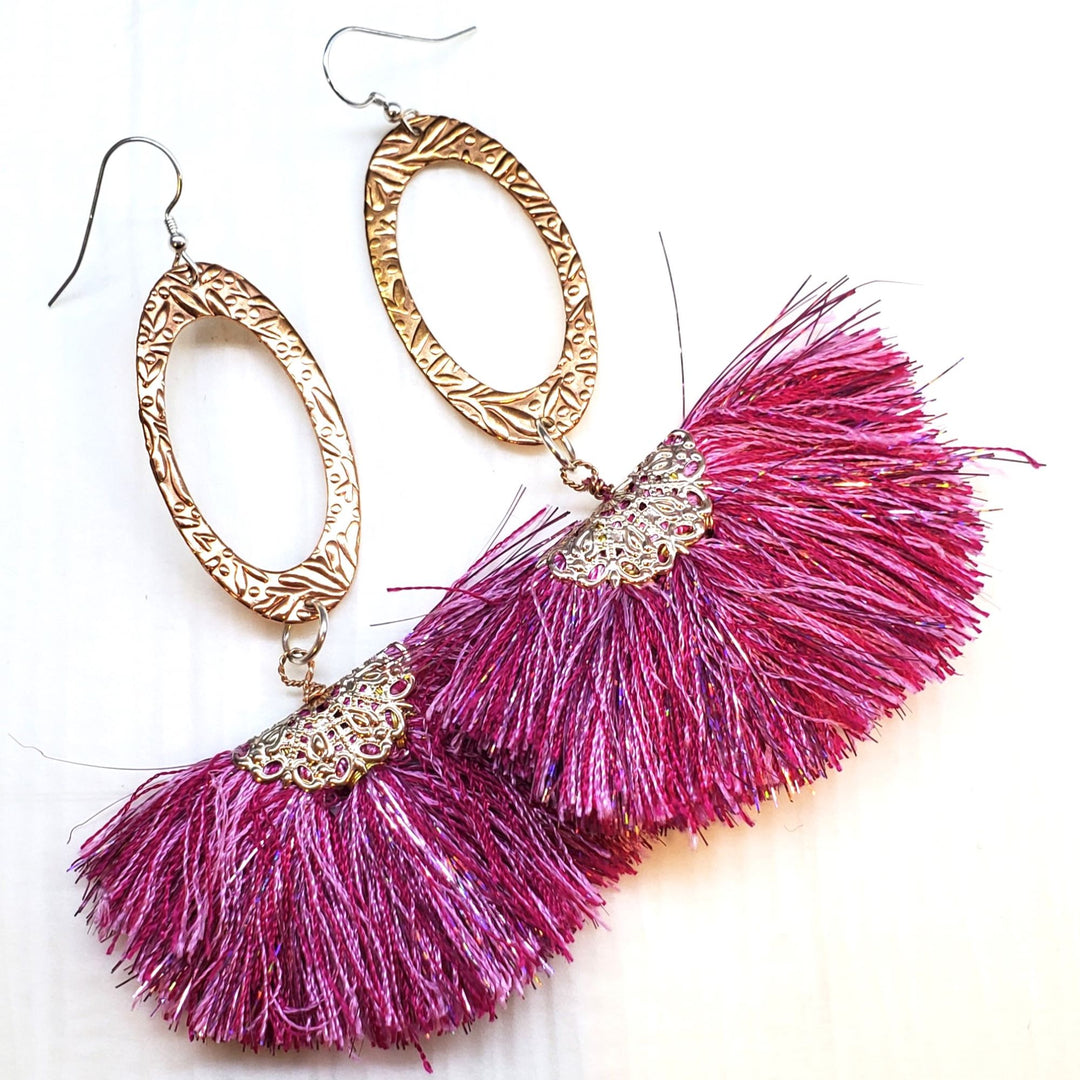 Copper Embossed Sparkly Silk Fan Tassel Earrings