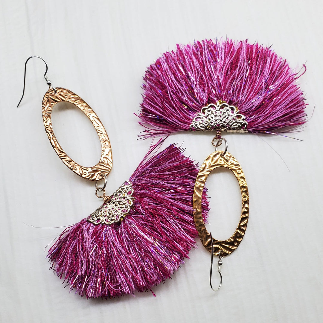 Super Long Copper Embossed Sparkly Silk Fan Tassel Earrings - Earrings - Alexa Martha Designs   