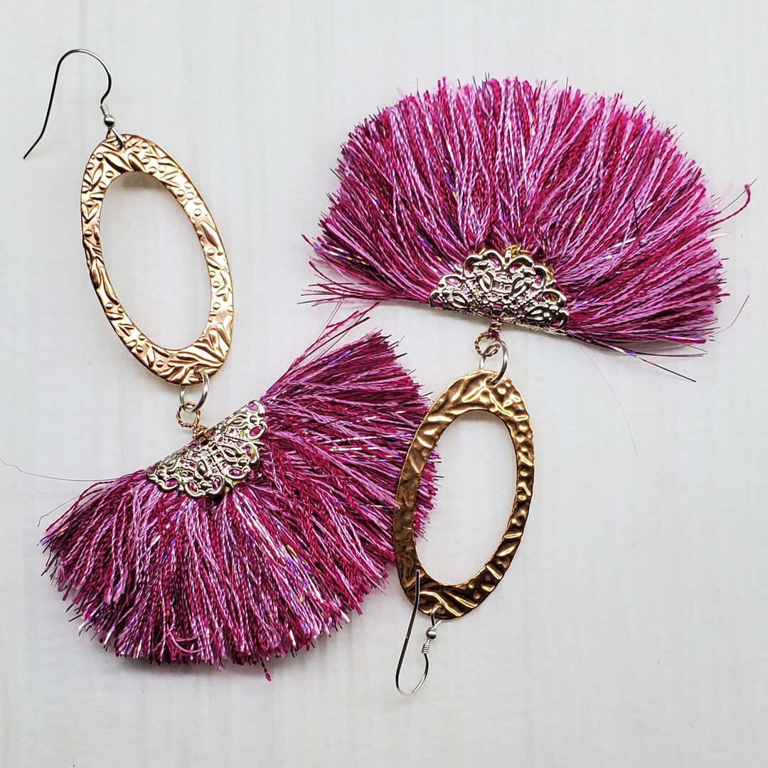 Copper Embossed Sparkly Silk Fan Tassel Earrings