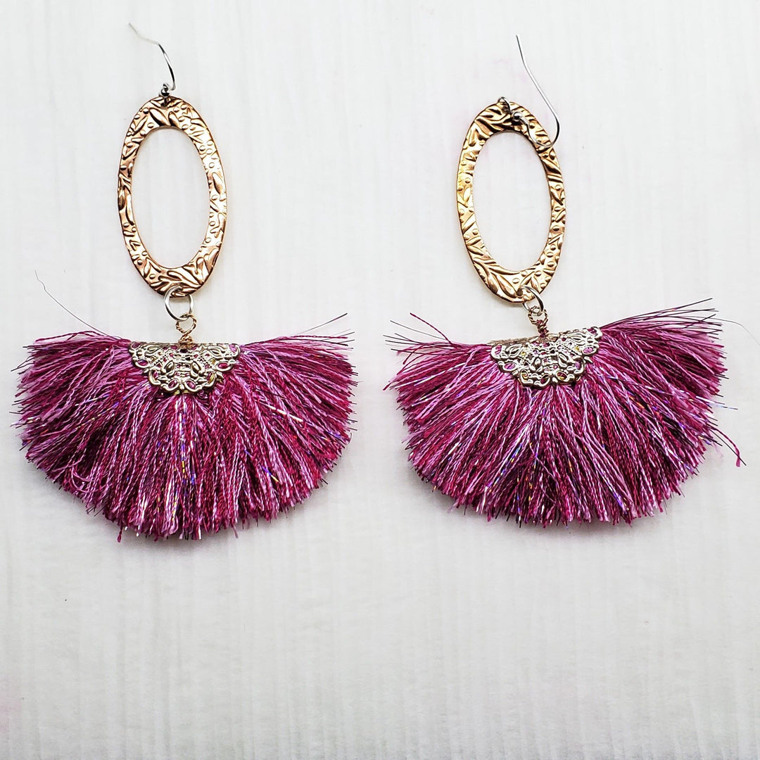 Copper Embossed Sparkly Silk Fan Tassel Earrings