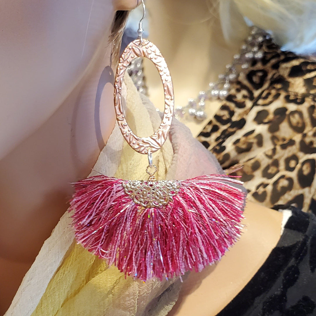 Super Long Copper Embossed Sparkly Silk Fan Tassel Earrings - Earrings - Alexa Martha Designs   