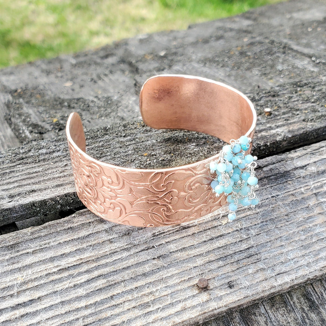 Turquoise Dangle Wide Hammered Copper Cuffs
